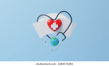 International nurse day, medical help and care concept, happy nurses day on earth with stethoscope to mark the contributions that nurses make to society, copy space for text, 3d rendering illustration - Powered by Shutterstock