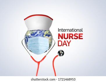 International nurse day. World nurse day concept isolated on white background. 3D Stethoscope on world globe with nurse hat. Thanks Doctor and Nurses For Saving Our Lives from COVID-19/ Coronavirus.