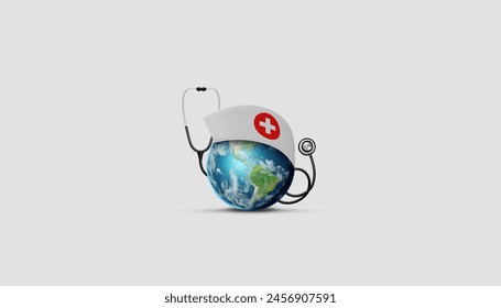 International nurse day. World nurse day concept isolated on white background. World globe with nurse hat. Nurse day creative banner, poster, social media post, festoon, backdrop, background. - Powered by Shutterstock