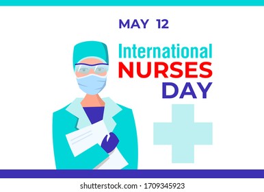 International nurses day. RASTER banner, card, poster for social media. Female nurse in protective glasses, gloves, mask with a folder. Day for thanks to the nurses for fighting the virus, infections - Powered by Shutterstock