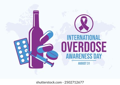 International Overdose Awareness Day poster illustration. Purple awareness ribbon, syringe, drugs and alcohol icon set. Template for background, banner, card. August 31 each year. Important day - Powered by Shutterstock