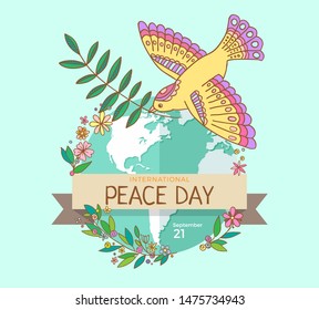 International Peace Day. 21 september. Peace dove with olive branch over the planet overgrown flowers. Hand drawn. Illustration. - Powered by Shutterstock