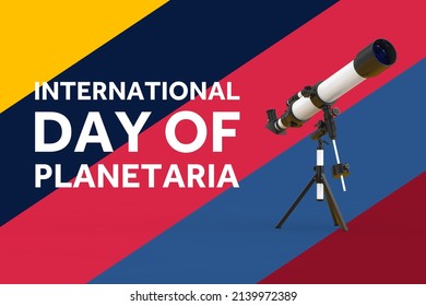 International Planetaria Day Concept. White Modern Mobile Telescope on Tripod and International Day Of Planetaria Sign on a multicolored background. 3d Rendering  - Powered by Shutterstock