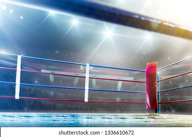 International Professional Boxing Ring In Bright Lights 3d Render