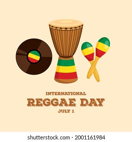 International Reggae Day illustration. Reggae musical instruments icon set. Djembe drum, maraca, LP record vinyl disc illustration. Reggae Day Poster, July 1. Important day - Powered by Shutterstock