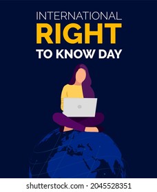 International Right To Know Day Social Media Banner. A Girl Searching Information On Her Laptop. 