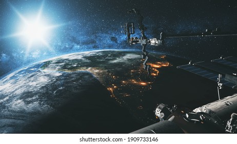 International Space Station Earth Satellite With Bright Sun At Cosmos Over Planet Of Solar System In Spatial Explore Mission. Stars And Milky Way At Background. 3d Animation Of Science NASA Technology