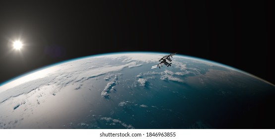 International Space Station (ISS) Orbiting Earth in Space Horizontal View - Astronomy Research - ISS Satellite Ocean Sunset View Low Orbit - 3D Rendering