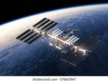 International Space Station Orbiting Earth. 3D Illustration.