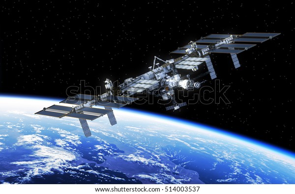 地球の周りを回る国際宇宙ステーション 3dイラスト のイラスト素材