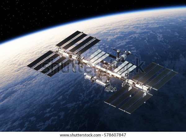 地球の周りを回る国際宇宙ステーション 3dイラスト のイラスト素材