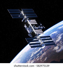 International Space Station Orbiting Planet Earth. 3D Illustration.