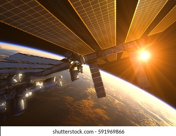 International Space Station In The Rays Of Red Sun. 3D Illustration.