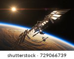 International Space Station And Spacecraft In The Background Of Rising Sun.3D Illustration. 