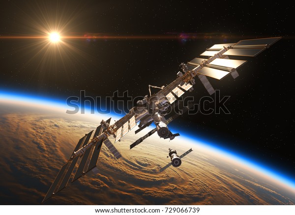 日差しの高い背景に国際宇宙ステーションと宇宙船 3dイラスト のイラスト素材