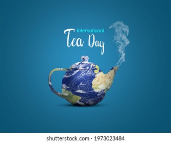 International Tea Day concept background. World map and 3d tea kettle concept of international tea day.