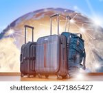 International tourism. Travel suitcases. Planet earth blurred. Luggage for tourists. Suitcases on wheels for tourism. Traveler luggage. Global tourism. 3d image planet earth, elements from nasa