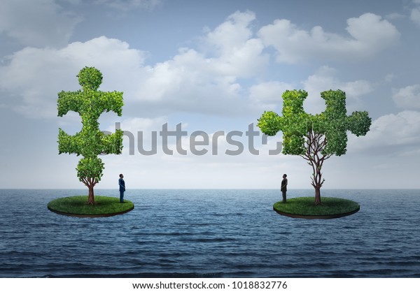 International trade challenge and\
global commerce puzzle as two people on seperate islands  with\
trees shaped as a jigsaw piesces with 3D illustration\
elements.