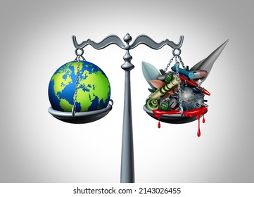 International War Crimes And Military Criminal Justice As A Symbol Of Global Crime Against Humanity With Weapons Of Mass Destruction And Illegal Use Of Explosives As A 3D Illustration.