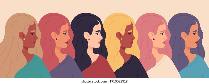 International women day. Women profile faces, friendship, sisterhood womens day concept. Women empowerment movement  illustration. Group friendship, people social march, sisterhood face