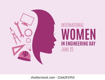 International Women in Engineering Day illustration. Woman face in profile purple silhouette icon. Female engineer design element. Engineering icon set. June 23. Important day