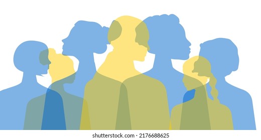 International Women's Day banner. Women of different ages, nationalities and religions come together. Horizontal white poster with transparent silhouettes of women. 