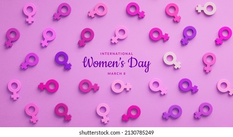 International Womens Day Flyer With Several Female Symbols In Purple And Copy Space In 3D Rendering. March 8 For Feminism, Sisterhood, Empowerment And Activism For Women Rights