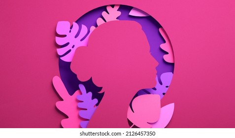 International Womens Day Flyer With Woman Silhouette And Floral Ornaments In Paper Cut 3D Illustration. Girl Face Poster For Feminism, Independence, Empowerment And Women Rights