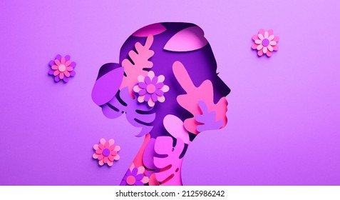 Afiche del Día Internacional de la Mujer con silueta de mujer y adornos florales en papel cortado ilustración 3D. Volante femenino para el feminismo, la independencia, el empoderamiento y el concepto de igualdad de día de la mujer