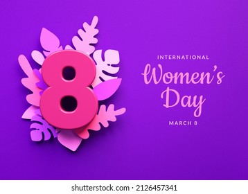 International Womens Day Social Media Post Template With Number 8 And Floral Ornaments In 3D Illustration. March 8 For Feminism, Independence, Sisterhood, Empowerment, Activism For Women Rights