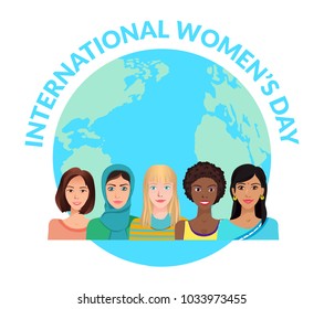 International Women's Day. Young women of various nationalities on globe background. Raster version. - Powered by Shutterstock