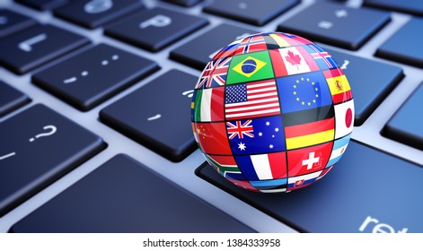 International world flags globe. Online business and worldwide web services concept with international world flags on a computer keyboard 3D illustration.