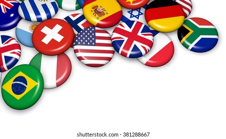 International World Flags On Scattered Buttons Badges 3d Illustration On White Background With Copyspace.