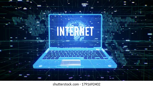 Internet 3D render, worldwide network. Computer, communication, system, processor, digiyal graphics, cyberspace, laptop