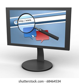 Internet address, computer screen with magnifier