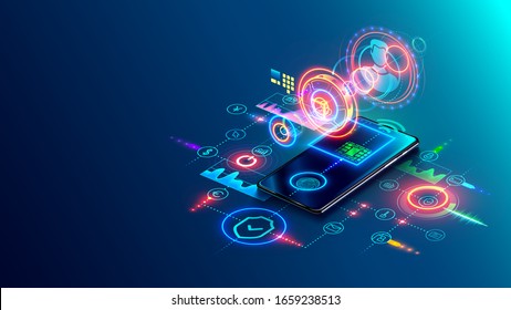 Internet Banking, Online Payment Security Transaction Via Mobile Phone. Online Bank Isometric Conceptual Banner. Digital Money Transfer Technology.  Smartphone Application Access Financial Account.