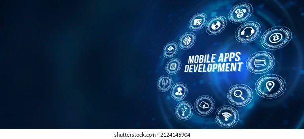 Internet, business, Technology and network concept. Inscription MOBILE APPS DEVELOPMENT on the virtual display. Cloud technology concept. 3d illustration