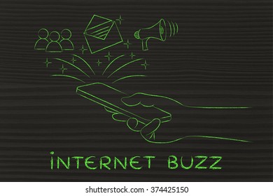 internet buzz: smartphone with email, user icon & megaphone coming out of the screen