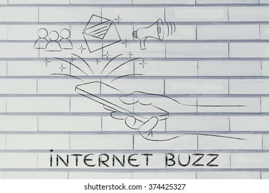 internet buzz: smartphone with email, user icon & megaphone coming out of the screen