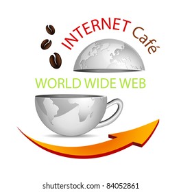 Internet Cafe Icon - Abstract Business Globe In Shape Of A Coffee Cup With Arrow And Coffee Beans - Symbolic Cybercafe Sign