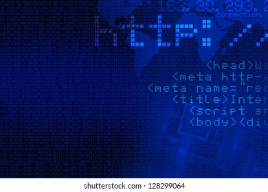 Internet Concept Background. Abstract Blue Internet Background with Some Web Coding Elements. Computers Technology Backgrounds Collection.