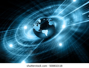 Internet Concept of global business. Globe, glowing lines on technological background. Wi-Fi, rays, symbols Internet, 3D illustration