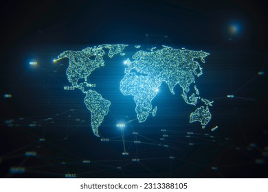 Internet connection technology and big data concept with digital world map silhouette covered by glowing pixels and web signs on abstract dark background. 3D rendering