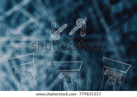 internet and data security concept: group of laptop users with private and public encryption keys above them