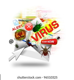 A Internet Email Is Open With Various Computer Virus Icons Around It. There Is A White Background. Use It For A Hacker Or Infection Concept.