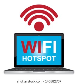 Internet Hotspot, Internet Cafe or Technology Concept Present By Computer Laptop or Computer Notebook With Blue Screen and Wifi Hotspot Sign Inside Isolated on White Background