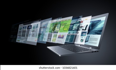 Internet And Information Technology Conceptual Images. Laptop Screen Browsing Multiple Web Pages.