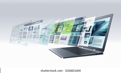 Internet And Information Technology Conceptual Images. Laptop Screen Browsing Multiple Web Pages.