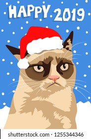 Internet Meme Grumpy Cat In A Red Cap Of Santa Claus. 