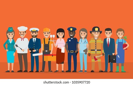 Internet page with information about teamwork with  illustrations of workers in uniforms and with work atributes on orange background. - Powered by Shutterstock